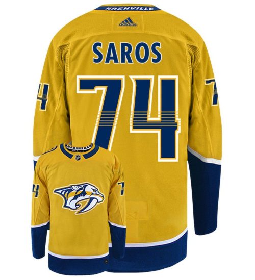 Juuse Saros Nashville Predators Adidas Primegreen Authentic Home NHL Hockey Jersey - Back/Front View